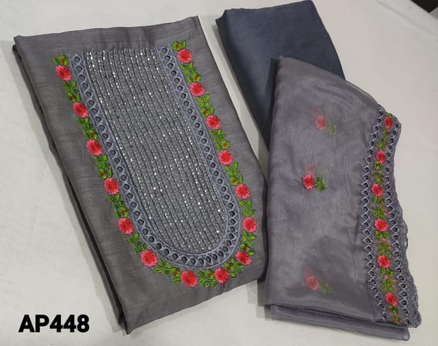 CODE AP448 : Designer Grey Silk Cotton unstitched Salwar material(thin fabric requires lining) with cutbead, embroidery and cutwork on yoke, grey silk cotton bottom, embroidery work on organza dupatta with cutwork border.