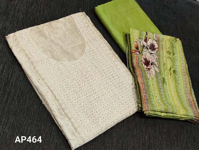 CODE AP464 : Designer light beige semi dupion silk unstitched Salwar material(requires lining) with thread embroidery and sequins work on front side, light green silk cotton bottom,  digital printed short width soft silk cotton dupatta with heavy thread and sequins work all over