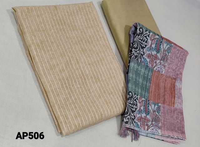 CODE AP506: Beige fancy Silk Cotton unstitched salwar material(thin fabric requires lining) with thread and sequence work on frontside, beige silk cotton or cotton bottom, Digital printed  multicolor fancy silk cotton dupatta with tassels.