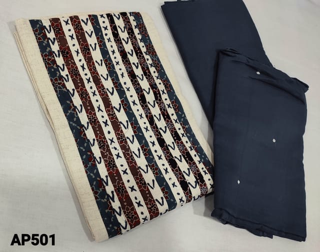 CODE AP501: Cream Khadhi Cotton unstitched salwar material(requires lining) with thread and french knot work on yoke, piping at daman, blue cotton bottom, faux mirror work on mul cotton dupatta.