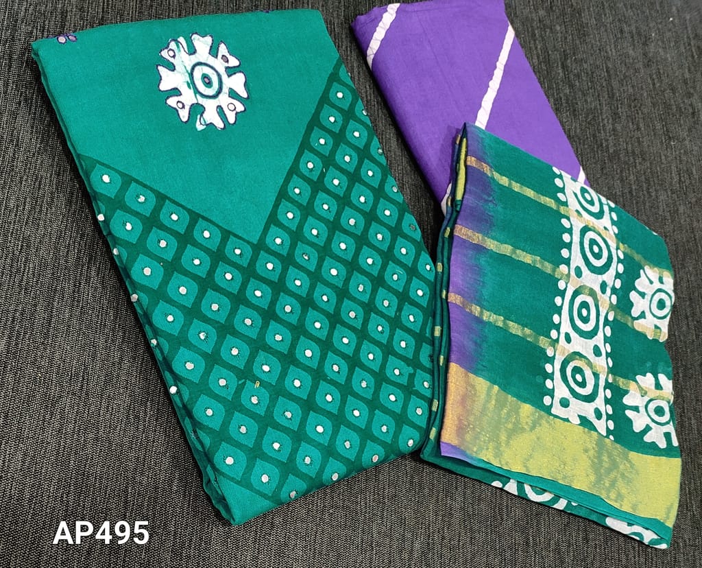 CODE AP495: Batik dyed Turquoise Green soft Satin Cotton unstitched salwar material(requires lining) with thread and faux mirror work on front side, batik dyed violet cotton bottom.  batik dyed dual shaded soft mul cotton dupatta with zari lines.