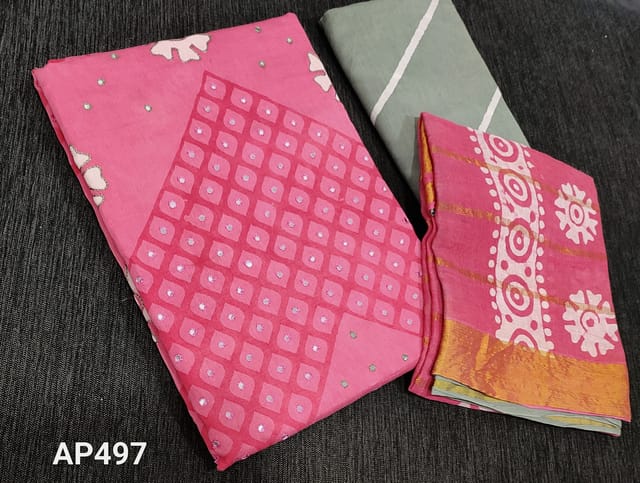 CODE AP497: Batik dyed Pink soft Satin Cotton unstitched salwar material(requires lining) with thread and faux mirror work on front side, batik dyed grey cotton bottom.  batik dyed dual shaded soft mul cotton dupatta with zari lines.