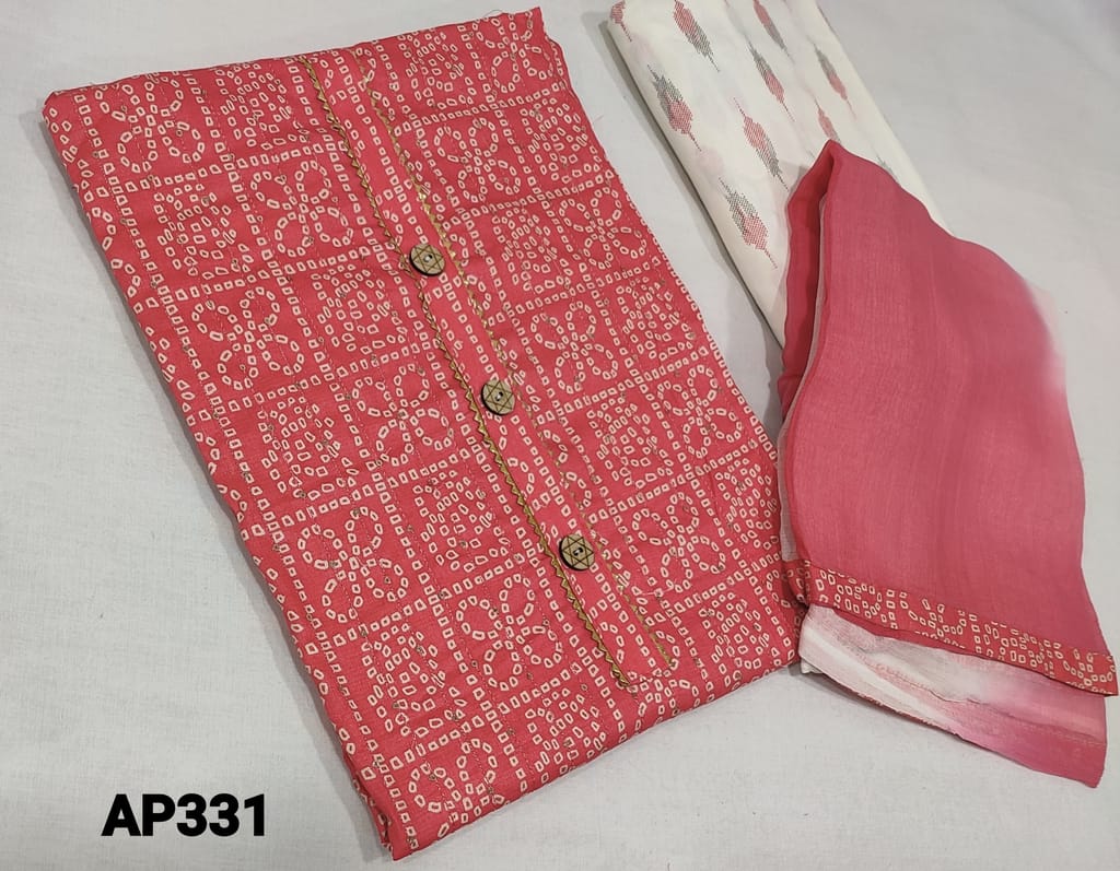 CODE AP331 : Dark Peachish Pink Soft Cotton unstitched Salwar material( lining optional ) with bandhani prints all over ,thread and sequins detailing on frontside, Daman piping, ikat printed soft cotton bottom, Dual shaded chiffon dupatta with tapings