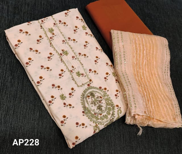 CODE AP228 : Designer Printed Pastel Peach Viscous Silk Unstitched Salwar material(thin flowy fabric requires lining) with bead, zardozi work on front side, dark peach silk cotton bottom, thread woven and foil work on fancy organza dupatta