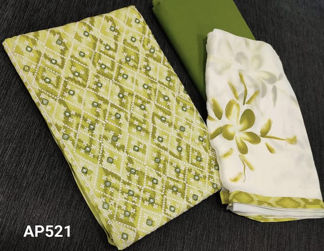 CODE AP521 : Printed  Light Mossy Green soft Cotton unstitched Salwar material( lining required)with cross stitch ad foil work on yoke, mossy green cotton bottom,  brush paint work on chiffon dupatta wih tapings.