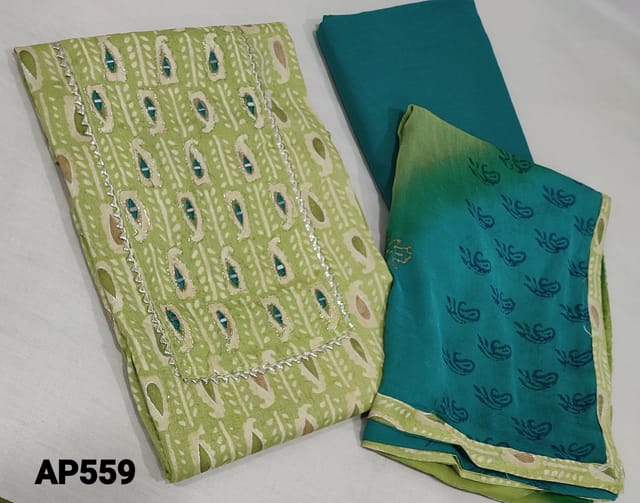 CODE AP559 : Premium Printed Light Green Modal unstitched Salwar material(flowy fabric, lining required) with thread, foil and gota lace work on yoke, teal blue cotton bottom, dual shaded printed chiffon dupatta with tapings.