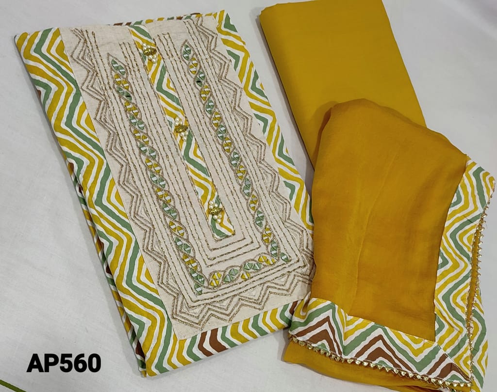 CODE AP559 : Printed Soft Cotton unstitched Salwar material(lining required) with real mirror,fancy buttons and zai thread work on yoke, fenugreek yellow cotton bottom, plain soft chiffon dupatta with gota tapings.