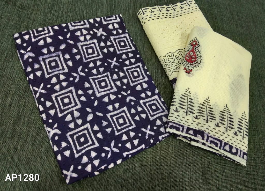 CODE AP1280: Batik Printed  Navy Blue Jakard Cotton unstitched Salwar material(lining required) , kadhi cotton bottom, Block printed silk cotton dupatta with tapings.