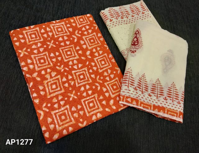 CODE AP1277: Batik Printed Orange Jakard Cotton unstitched Salwar material(lining required) , kadhi cotton bottom, Block printed silk cotton dupatta with tapings.