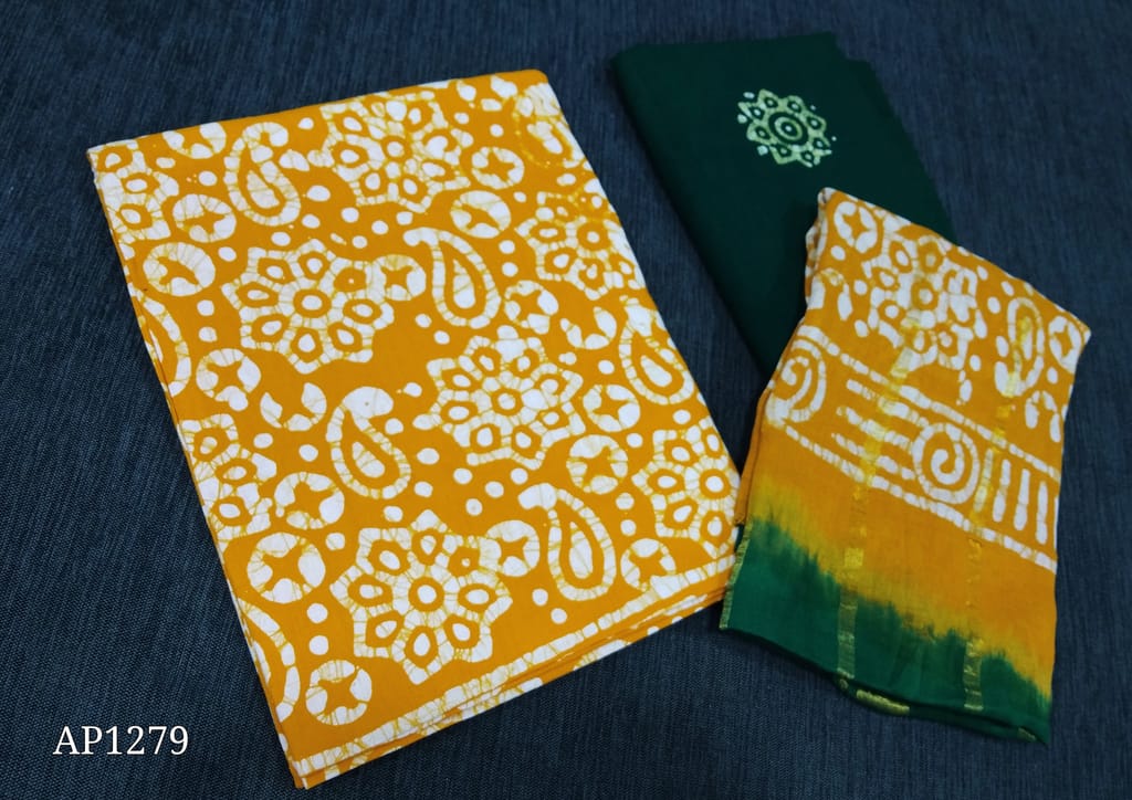 CODE AP1279: Batik dyed Yellow Cotton unstitched Salwar material(lining required), batik dyed green cotton bottom, Dual shaded batik dyed mul cotton dupatta with zari lines(requires taping)