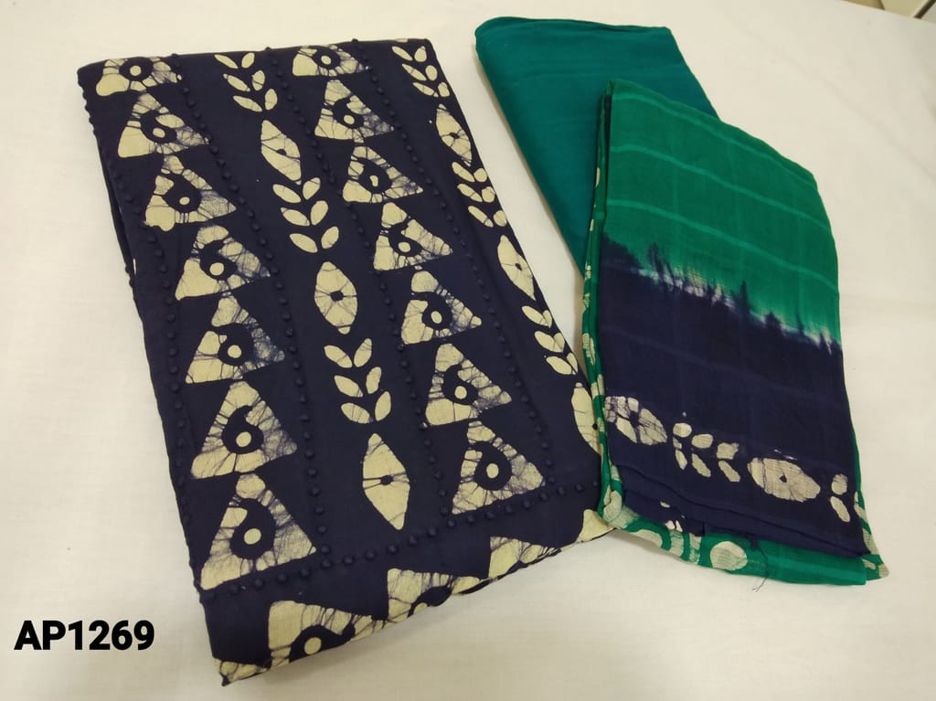 CODE AP1269: Batik dyed navy Blue Cotton unstitched Salwar material(lining required) with ebossed thread work on frontside, green cotton bottom, Dual Shaded mulcotton dupatta.
