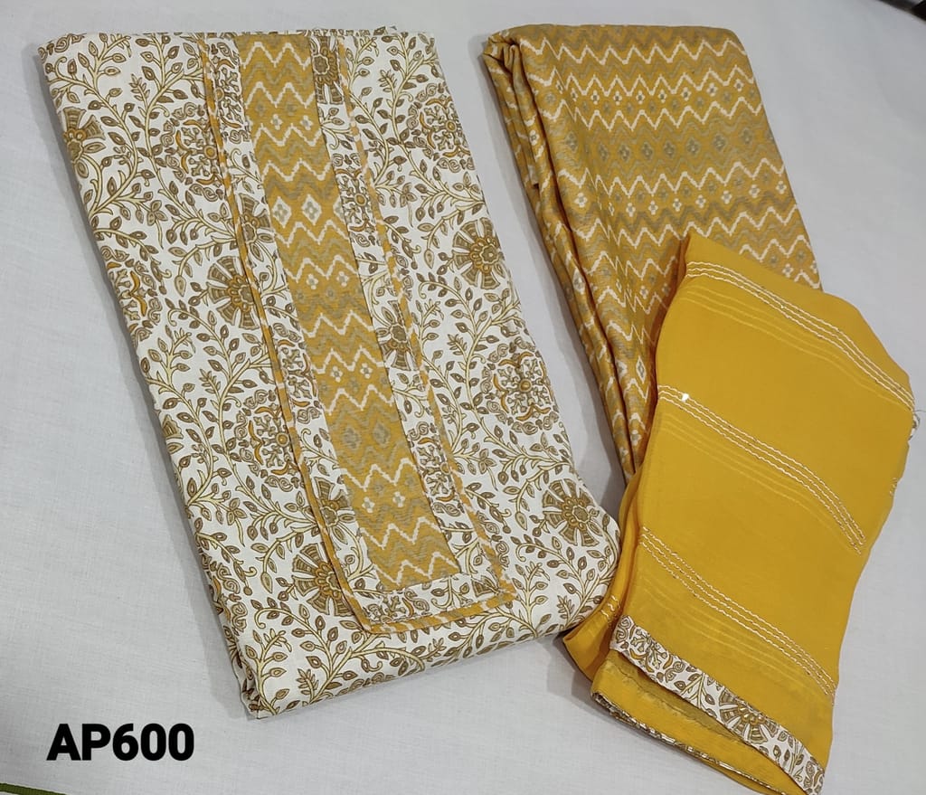 CODE AP600: Printed Half White base Liquid fabric Unstitched Salwar material(flowly fabric,Lining required) with patch work on yoke, printed liquid fabric bottom, thread and sequence work on soft chiffon dupatta with tapings.