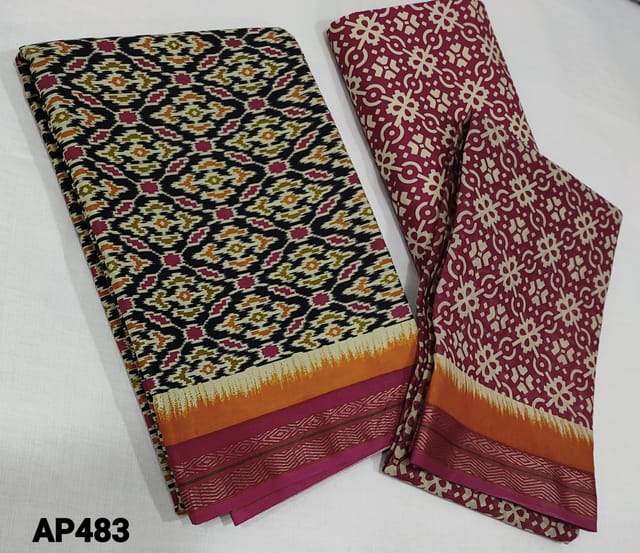 CODE AP483: Printed Black soft Silk Cotton Unstitched Salwar material(Lining required),soft thread woven borders in daman, printed cotton bottom, printed soft silk cotton dupatta with thread woven borders(requires taping)
