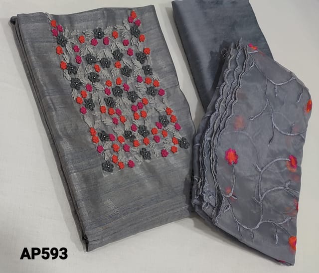 CODE AP593 : Designer Grey fancy Silk Cotton unstitched salwar material(slightly course fabric,requires lining) with french knot and pearl bead work on yoke, matching silk cotton bottom, heavy embroidery wor on organza dupatta .