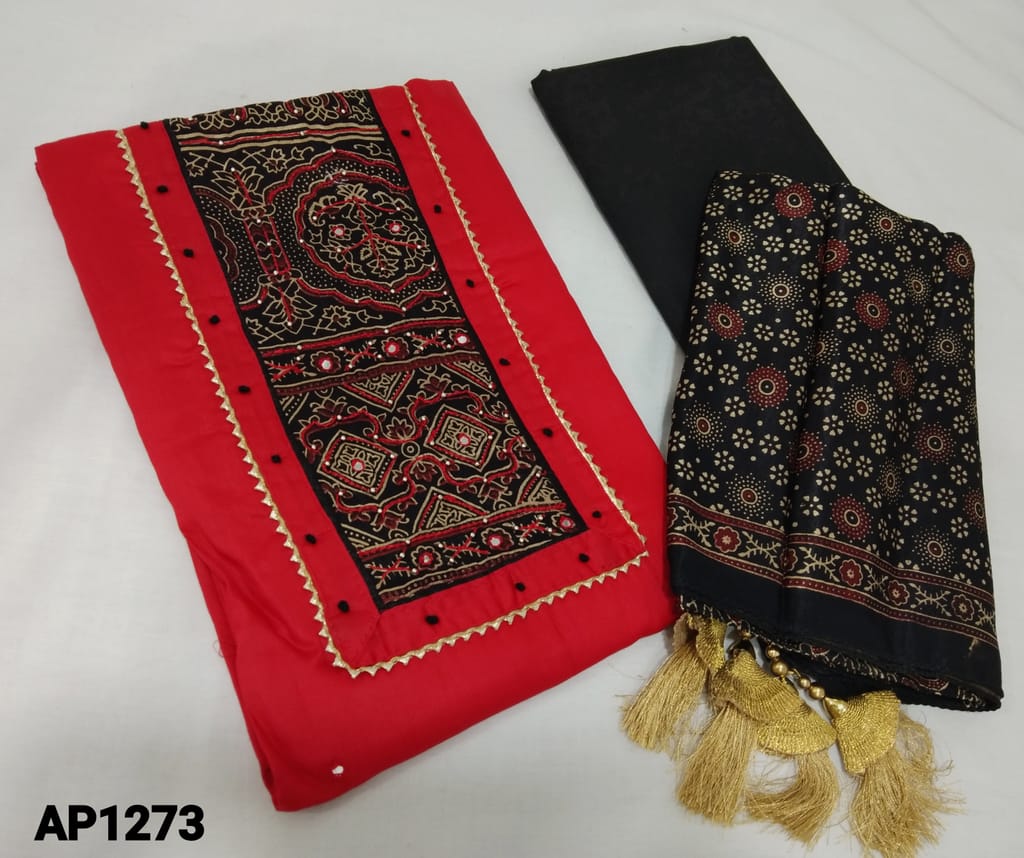 CODE AP1273 : Red Satin Cotton Unstitched Salwar material(lining optional) with french knot, foil, patch work on yoke, black cotton bottom, Diital Printed soft silk cotton dupatta with tassels.