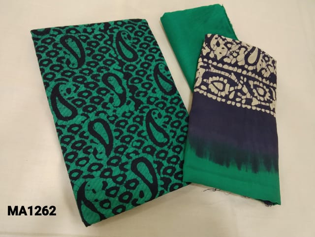 CODE MA1262 : Printed Green Jakard Cotton Unstitched Salwar material(lining optional) , green cotton bottom, batik printed dual shaded silk cotton dupatta.