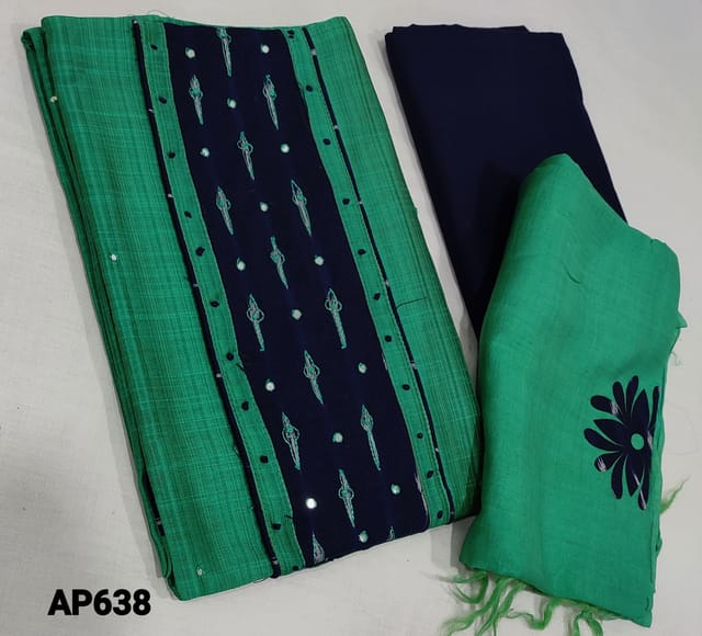 CODE AP638 : Green Slub Silk Cotton Unstitched Salwar material(lining required) with french knot, foil work on yoke, navy blue cotton bottom, applique work on silk cotton dupatta (requires taping)