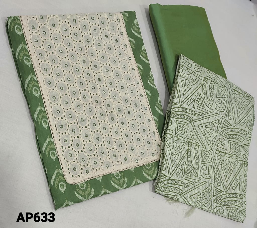 CODE AP633 : Printed Light Green soft Cotton Unstitched Salwar material(lining required) with cutwork and foil work on yoke, light green silk cotton bottom, printed kota silk cotton dupatta with tassels