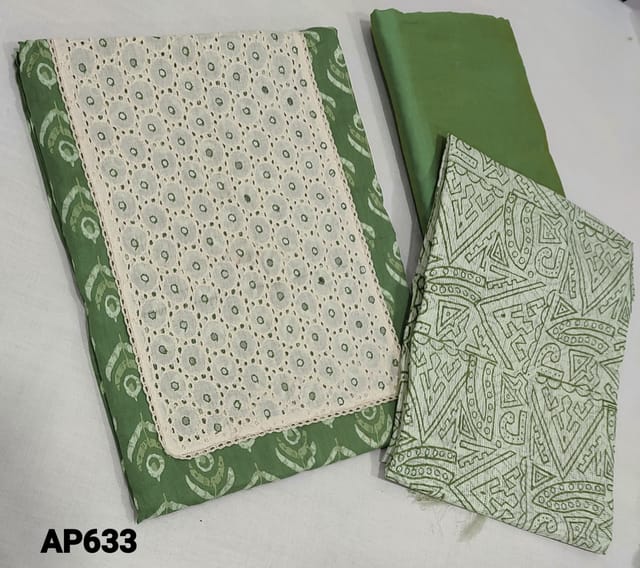 CODE AP633 : Printed Light Green soft Cotton Unstitched Salwar material(lining required) with cutwork and foil work on yoke, light green silk cotton bottom, printed kota silk cotton dupatta with tassels