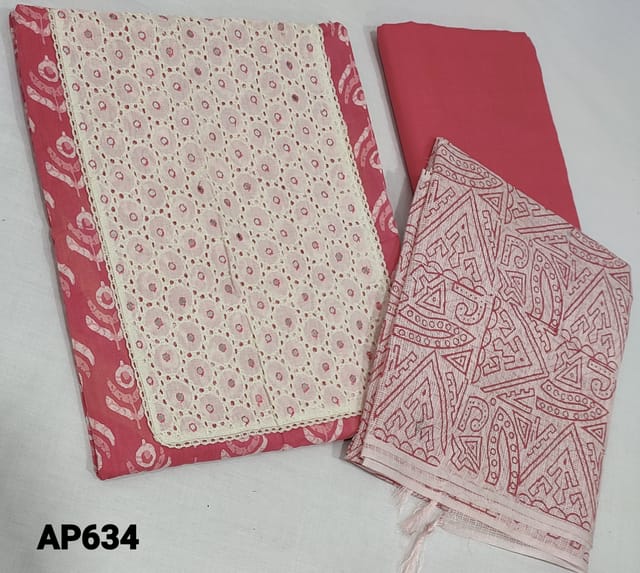 CODE AP634: Printed Pink soft Cotton Unstitched Salwar material(lining required) with cutwork and foil work on yoke, pink cotton bottom, printed kota silk cotton dupatta with tassels