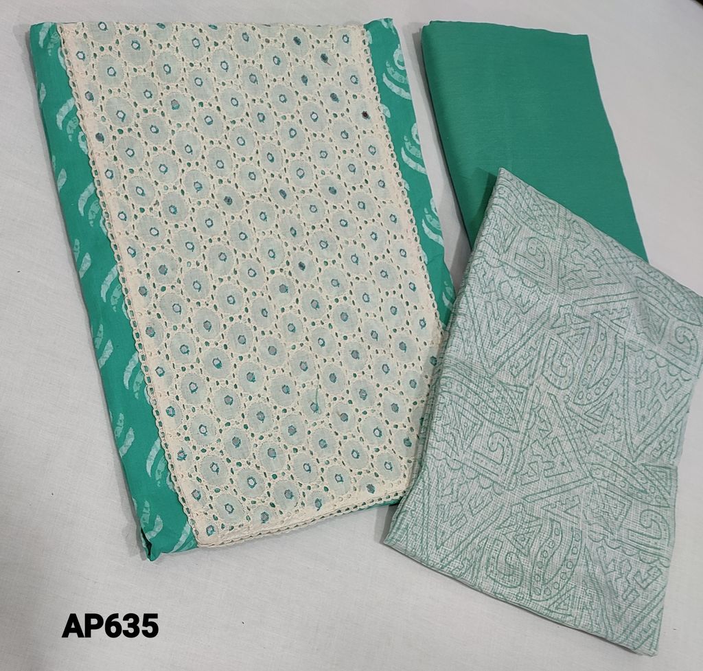 CODE AP635: Printed light Turquoise Green soft Cotton Unstitched Salwar material(lining required) with cutwork and foil work on yoke, light turquoise green silk cotton bottom, printed kota silk cotton dupatta with tassels