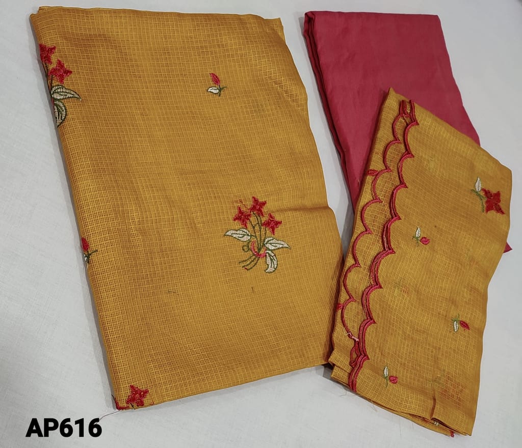 CODE AP616: Fenugreek Yellow Kota Silk Cotton Unstitched Salwar material(lining required) with embroidery work on yoke, peachish Pink silk cotton bottom, embroidery work on kota silk cooton dupatta.
