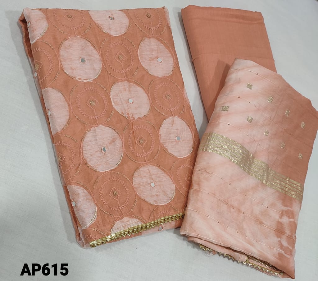 CODE AP615 : Premium Batik dyed Light Peach  soft Silk Cotton Unstitched Salwar materia thread, sequence and foil work on yoke, matching cotton lining provided, NO BOTTOM, soft silk cotton dupatta with thread and sequence work with zari lines, gota lace tapings