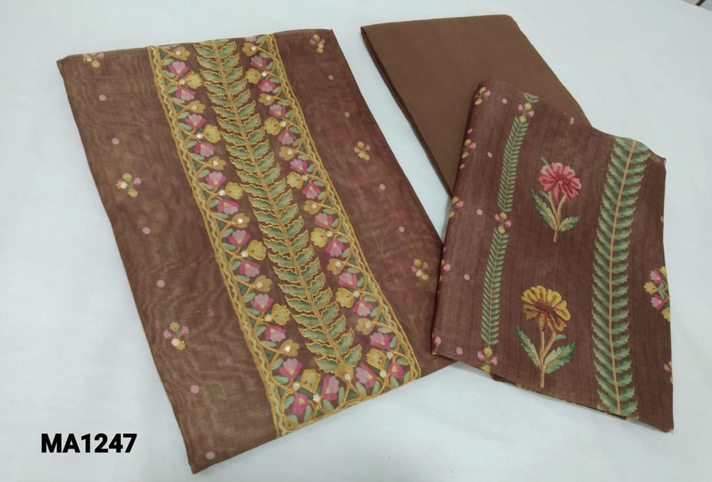 CODE MA1247 : Digital Printed Light Brown Silk Cotton unstitched Salwar material( lining required) with thread and foil work on yoke, brown cotto bottom, Digital printed Silk Cotton dupatta.
