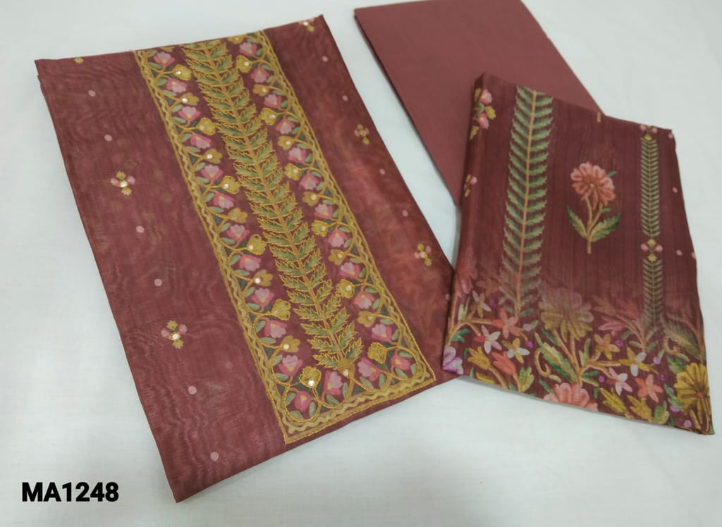 CODE MA1248 : Digital Printed Maroon Silk Cotton unstitched Salwar material( lining required) with thread and foil work on yoke, maroon cotton bottom, Digital printed Silk Cotton dupatta.