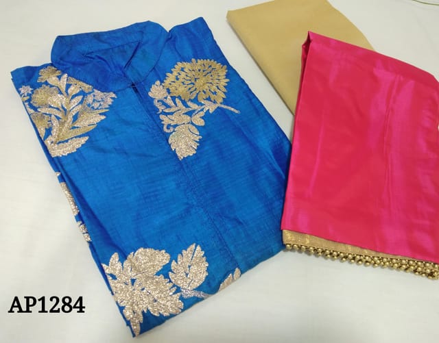 CODE AP1284: Designer Blue raw Silk semi stitched Salwar material( lining required) with zari and silver embroidery work on frontside, beige silk cotton bottom, Premium soft raw silk dupatta with bordes and bead tapings.
