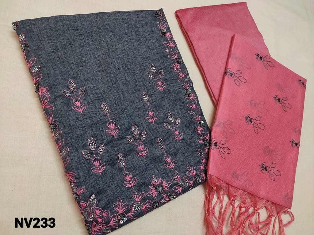 CODE NV233 : Blueish Grey Fancy Silk Cotton unstitched Salwar material(thin Coarse fabric requires lining) with Heavy cut bead, sequins, Thread embroidery work on yoke, Pink Silk Cotton bottom, PInk Silk cotton dupatta with heavy thread work and tassels