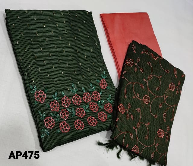 CODE AP475 : Premium Green Kota Silk Cotton unstitched Salwar material(Netted fabric, requires lining) with cutbead work on yoke, peachish pink silk cotton bottom, embroidery work on kota silk cotton dupatta with tassels.