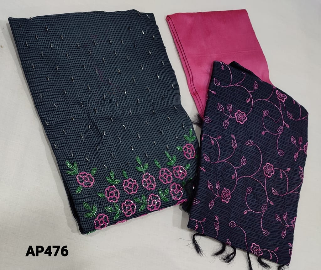CODE AP476 : Premium Blueish Grey Kota Silk Cotton unstitched Salwar material(Netted fabric, requires lining) with cutbead work on yoke, pink silk cotton bottom, embroidery work on kota silk cotton dupatta with tassels.