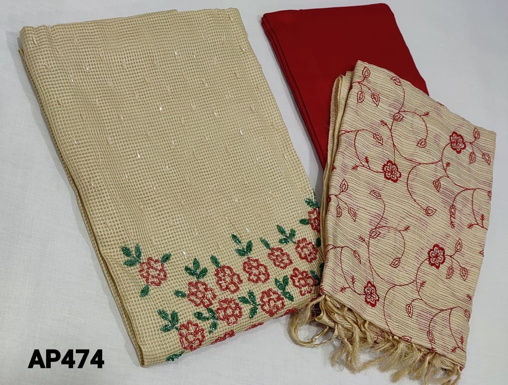 CODE AP474 : Premium Beige Kota Silk Cotton unstitched Salwar material(Netted fabric, requires lining) with cutbead work on yoke, red silk cotton bottom, embroidery work on kota silk cotton dupatta with tassels.