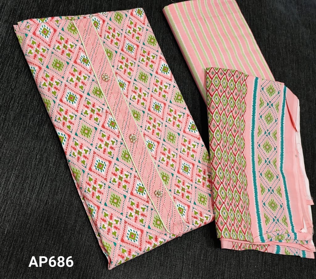 CODE AP686 : Printed Light Pink soft Cotton unstitched Salwar material(requires lining) with fancy buttons on yoke, printed coton bottom, printed mul cotton dupatta.