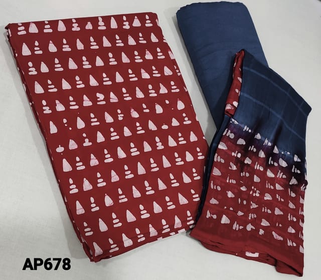 CODE AP678 : Red Batik dyed soft cotton unstitched Salwar material(requires lining), blue cotton bottom, Dual shaded batik dyed soft mul cotton dupatta.