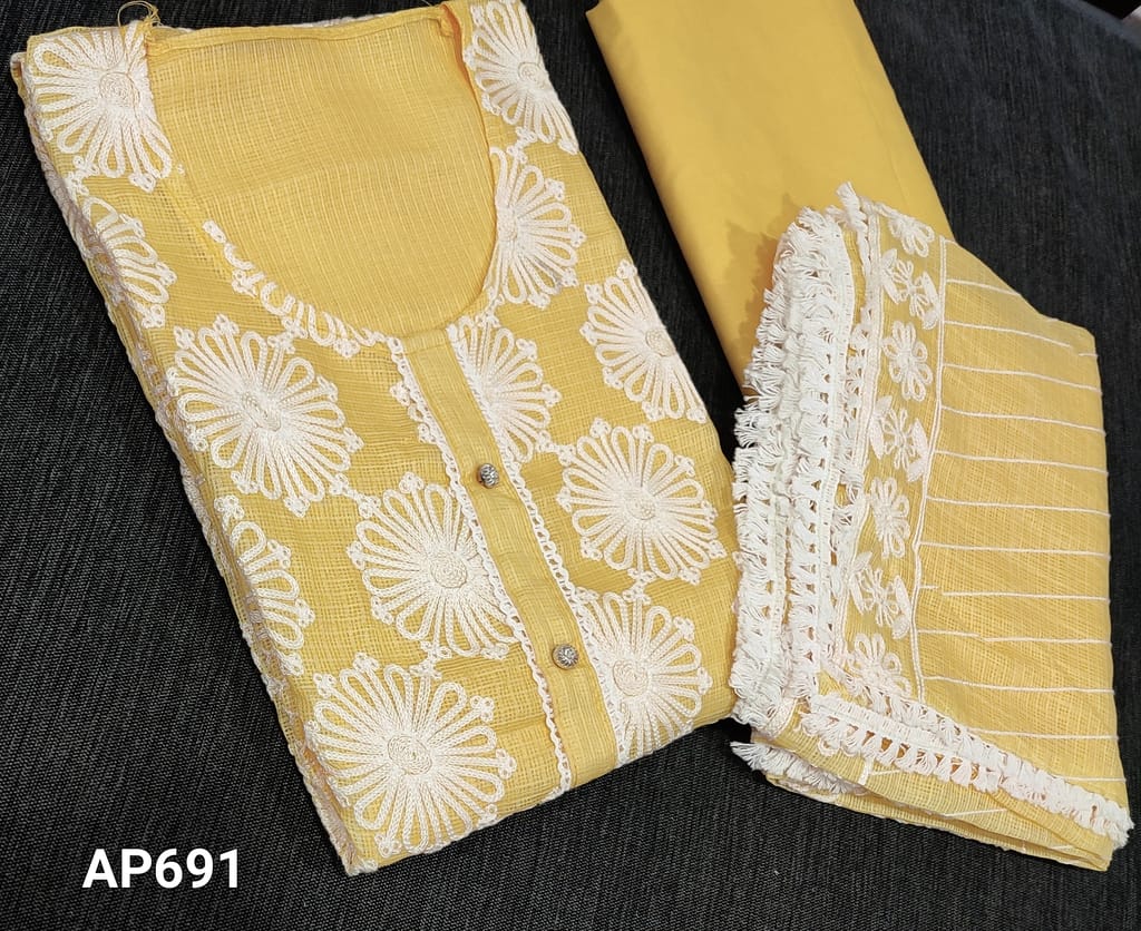 CODE AP691 : Pastel Yellow fancy Kota Silk Cotton Unstitched salwar material (netted fabric, lining requires) with embroidery work on frontside, matching cotton bottom, embroidery work on kota silk dupatta with lace tapings.