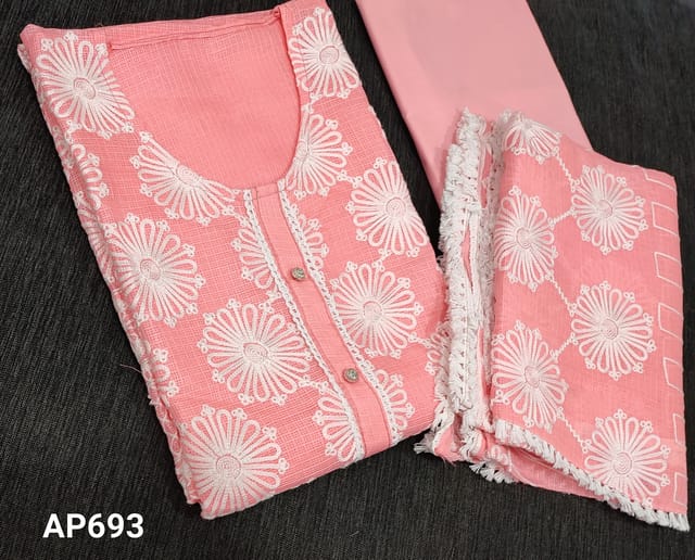 CODE AP693 : Pastel Peachish Pink fancy Kota Silk Cotton Unstitched salwar material (netted fabric, lining requires) with embroidery work on frontside, matching cotton bottom, embroidery work on kota silk dupatta with lace tapings.