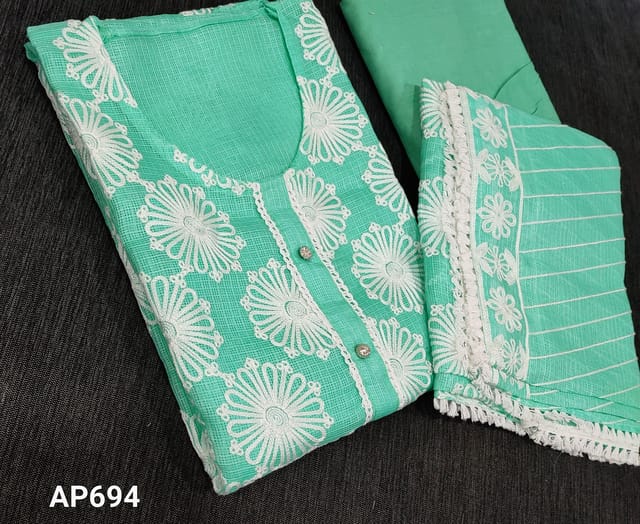 CODE AP694 : Pastel Turquoise Green fancy Kota Silk Cotton Unstitched salwar material (netted fabric, lining requires) with embroidery work on frontside, matching cotton bottom, embroidery work on kota silk dupatta with lace tapings.