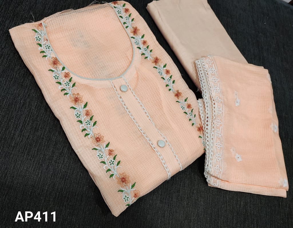 CODE AP411: Premium Pastel Peach SuperNet UnStitched salwar material (netted fabric, lining required) with neck stitch, fancy buttons on yoke, embroidery work on frontside and daman, matching cotton bottom,  embroidery work on supernet dupatta with lace tapings.
