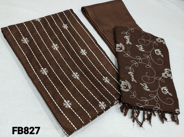 CODE FB827 : Dark Brown Fancy Silk Cotton unstitched Salwar material(coarse fabric lining required) with heavy thread embroidery work on front side, Plain back, santoon or silk cotton bottom, soft Linen silk cotton dupatta with heavy embroidery work and tassels