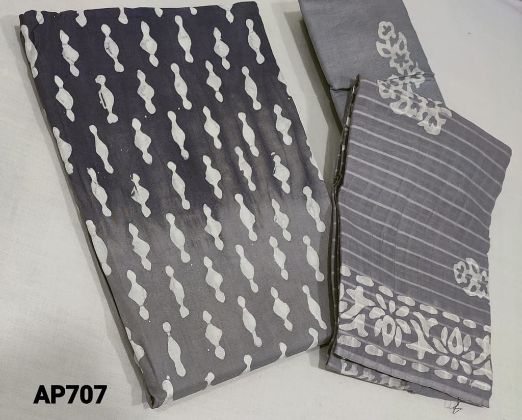 CODE AP707 : Batik dyed Dual Shaded Grey soft cotton unstitched Salwar material(requires lining), batik dyed matching cotton bottom, Dual shaded batik dyed soft mul cotton dupatta.