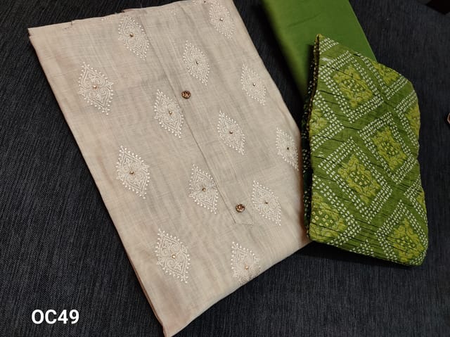 CODE OC49 : Premium Beige Silk Cotton unstitched Salwar material(thin fabric requires lining) with Thread embroidery work on front side, plain back, Green silk cotton bottom, Bandhini printed Crush dupatta with tapings