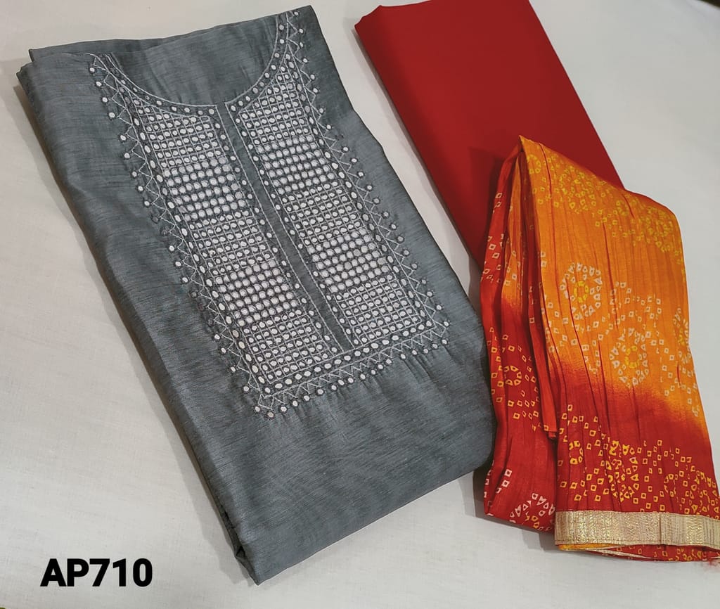 CODE AP710: Premiun Grey Silk Cotton Unstitched salwar material (lining required) with faux mirror  and thread work on yoke, red cotton bottom,  bhandhani printed dual shaded silk cotton dupatta with tapings.