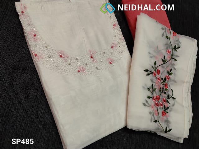 CODE SP485 : White Silk Cotton unstitched Salwar material(thin fabric requires lining) with Heavy cut bead, french knot and stone work on yoke, daman piping, Pink silk cotton bottom, White Organza dupatta with colorful floral embroidery work and taping