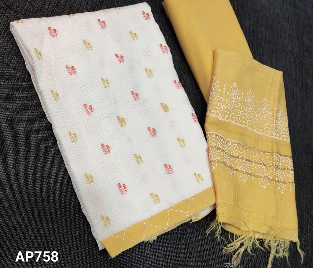 CODE AP758 : Premium White Kota Silk Cotton Unstitched Salwar material(netted fabric, requires lining) with embroidery work on frontside, daman patch, yellow cotton bottom, printed fancy silk cotton dupatta with zari lines(requires taping)