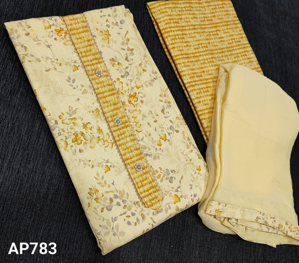 CODE AP783: Pastel yellow printed Soft Slub Cotton unstitched Salwar material(requires lining) with fancy buttons and gota lace work on yoke, printed soft thin cotton bottom, Plain Chiffon dupatta with tapings.