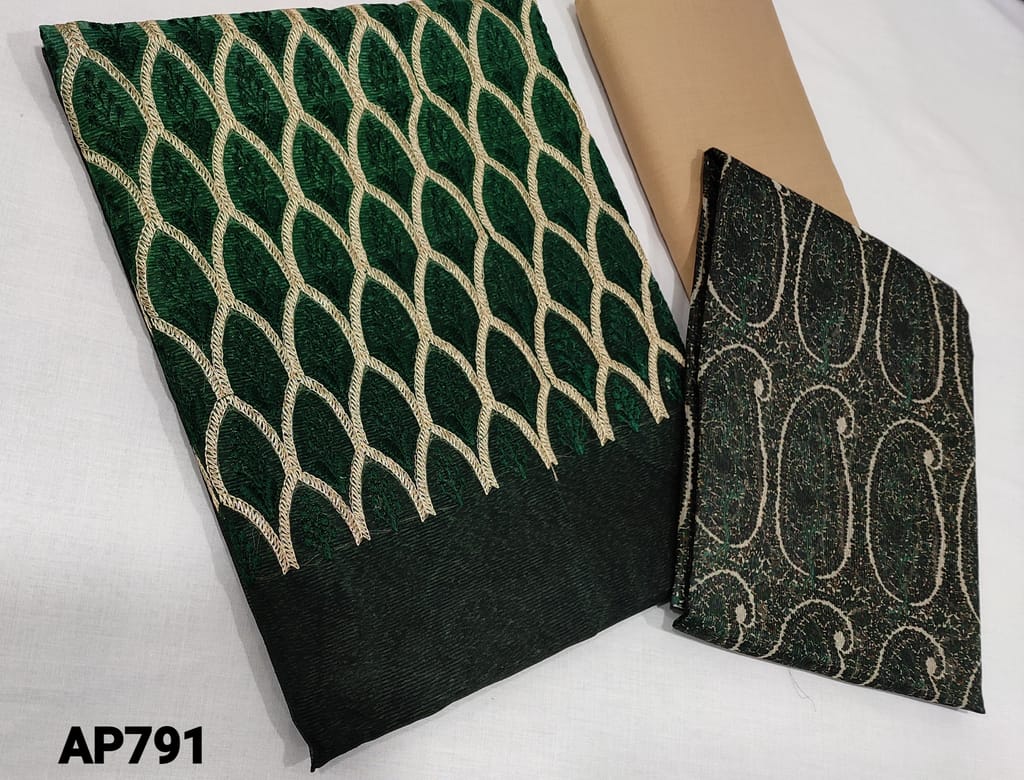CODE AP791 : Gradient Green base Noil unstitched Salwar material( Netted fabric requires lining) with thread work on yoke, Beige silk cotton bottom, Digital printed noil dupatta (Taping needs to be stitched)