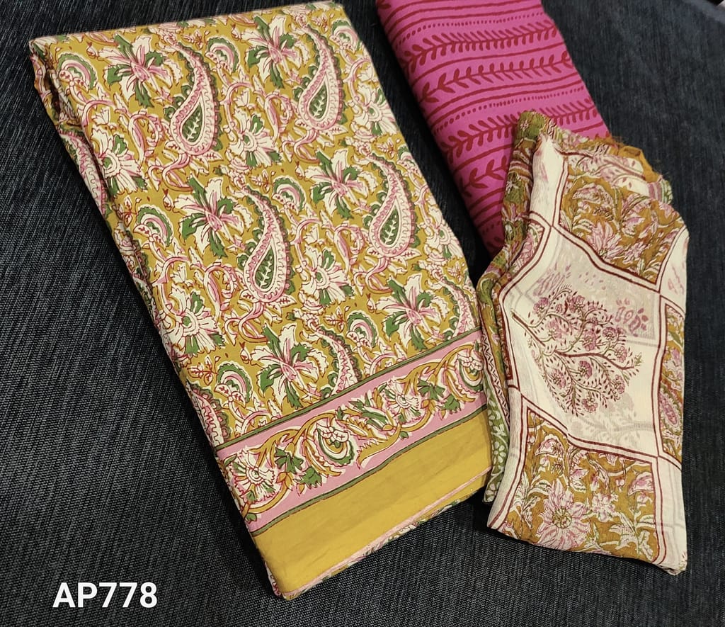CODE AP778: Fenugreek yellow kalamkari block printed Soft Cotton unstitched Salwar material( lining optional),block printed pink soft cotton bottom,premium block printed chiffon dupatta(tapings required)
