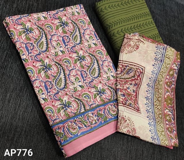 CODE AP776: Pink kalamkari block printed Soft Cotton unstitched Salwar material( lining optional),block printed green soft cotton bottom,premium block printed chiffon dupatta(tapings required)